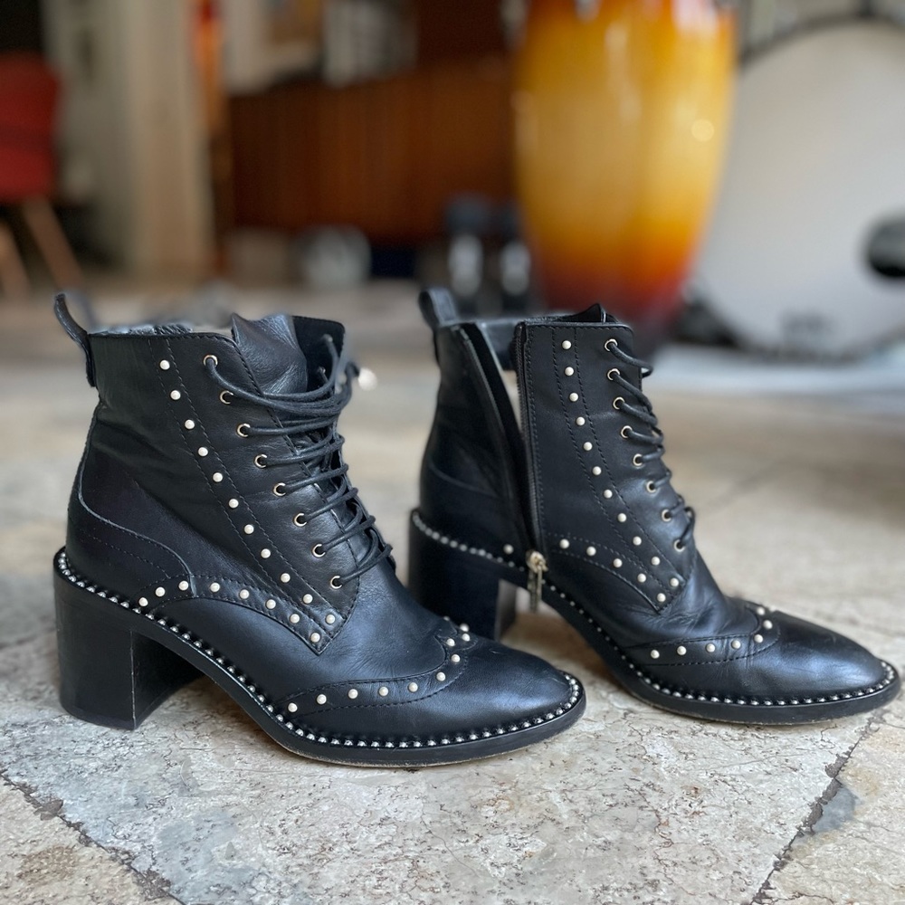 Jimmy Choo Heeled Combat Boots with Pearl Beading